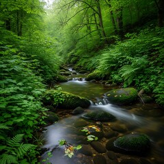 Obraz premium Serene babbling brook with mossy stones within verdant forest scenery