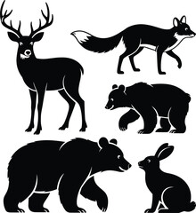 Forest animal silhouette, wildlife vector set, deer bear fox rabbit, black and white design, nature illustration, side profile poses, woodland scene
