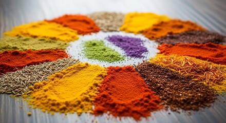 Chromatic arrangement of aromatic spices forms a vibrant kaleidoscope