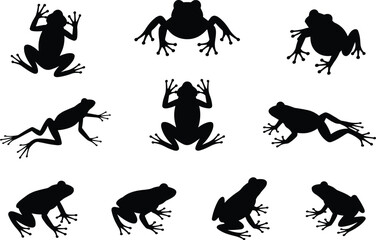 Frog silhouettes, amphibian poses, black shapes, leaping frog, crawling motion, sitting posture, nature icons, animal grid, behavior study, frog anatomy