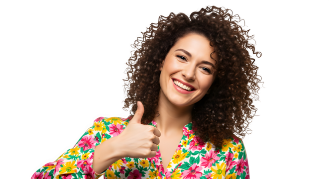 Curly-haired woman expressing happiness with gesture