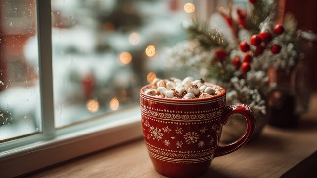A red mug filled with cocoa and marshmallows sits by a window showcasing a snowy landscape outside.