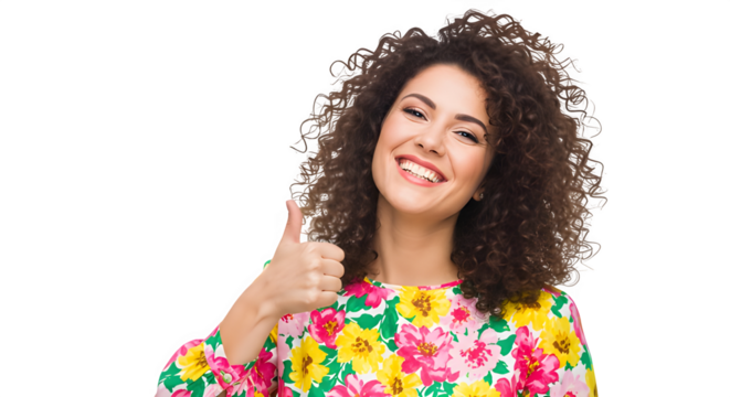 A woman with curly hair shows a thumbs up, indicating satisfaction and a positive attitude