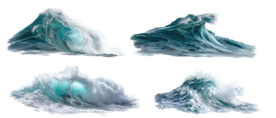 Four powerful ocean waves, displaying various stages of cresting and breaking