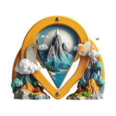 Stylized Mountain Landscape Illustration with Vibrant Colors and Geometric Elements on Transparent Background