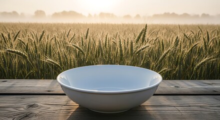 Empty white bowl on rustic table before hazy wheat field sunrise