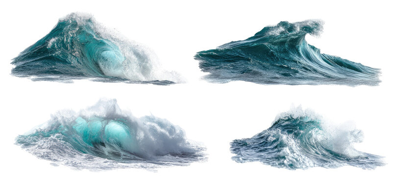 Four powerful ocean waves, displaying various stages of cresting and breaking