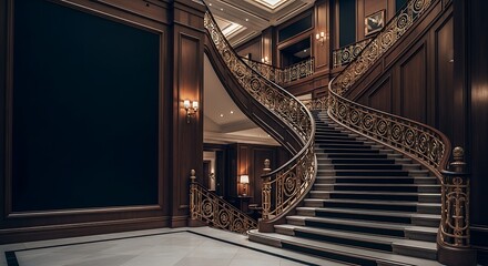 Grand spiral staircase with dark wood paneling in an upscale building
