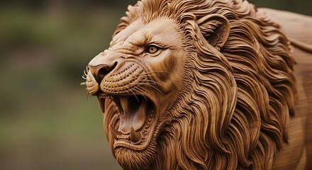 Intricate wooden lion sculpture with powerful roaring expression