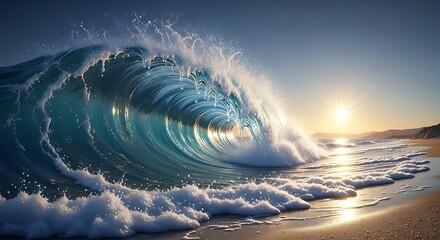 Majestic oceanic wave crashing onto the beach at warm sunset hour