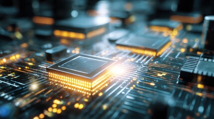 Obraz premium Vivid details of microchips and circuit boards shine brightly in a high tech setting showcasing innovation.