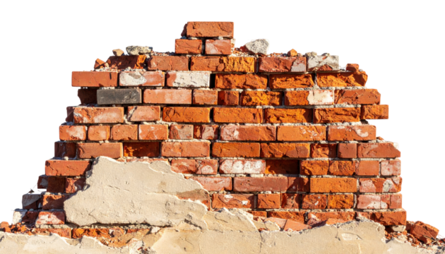 Weathered Brick Wall Structure with Crumbling Orange and Red Bricks on Transparent Background