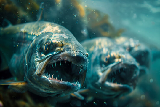 Piranha face close-up with exposed needle-like teeth in armored fish study for marine biology content