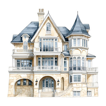 Classic European Mansion Watercolor Vector Clipart
