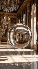 Reflective Orb Suspended in Ornate Interior with Chandeliers and Light