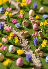 Whimsical easter miniature garden scene with tiny bunnies and floral accents