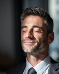 Obraz premium Businessman closing eyes and smiling softly, capturing a peaceful moment of relief after intense focus or success.