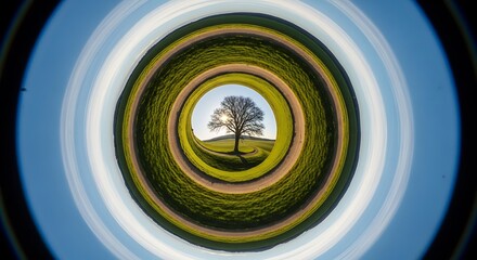 Whimsical tree panorama with a circular landscape perspective showcasing nature's beauty