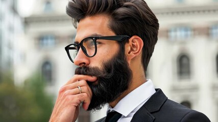 Man in Thoughtful Pondering: A stylish man, sporting a well-groomed beard and glasses, engages in a moment of contemplation. The image captures the essence of deep thought and intellectual curiosity.