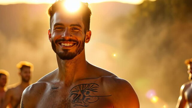 Radiant Confidence: A handsome man exudes charisma and joy, his genuine smile and strong physique enhanced by the warm glow of natural light.