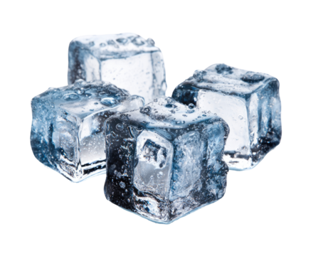 Close-up of four clear ice cubes, slightly overlapping, showing water droplets on their surfaces