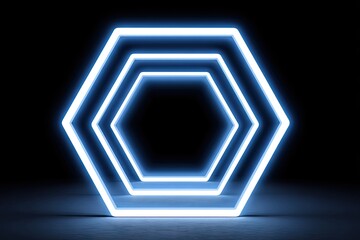 Glowing blue hexagons nested, geometric light in dark space