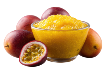 Passion fruit and mango puree in glass bowl