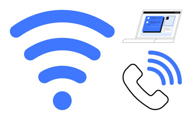 wireless signal, telephone with waves, and laptop screen with chat interface emphasize connectivity and digital communication. Ideal for technology, telecommunication, networking, remote work