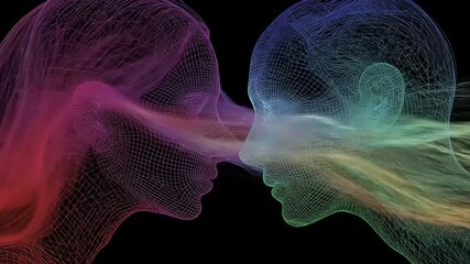 Conceptual Interaction: Intertwined Minds with Abstract Neural Pathways and Vibrant Energy Streams Connecting Two Humanoid Wireframe Forms