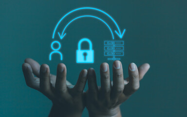 Cybersecurity concept. Hands showing glowing lock and data transfer icons between user and server. Symbol of data protection, network privacy, and secure information exchange in digital systems.