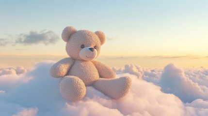 Cute fluffy teddy bear sitting peacefully on soft clouds against a serene pastel sky.