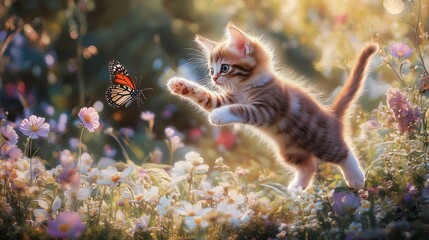 Curious Kitten Playfully Pouncing on a Monarch Butterfly in a Bright Summer Garden with Flowers