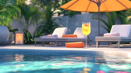 Luxury swimming pool area with lounge chairs, orange beach towels, and a refreshing drink on a sunny day.