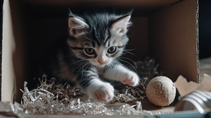 Playful tabby kitten with bright blue eyes and white paws exploring a cardboard delivery box with shredded packing material and a toy.