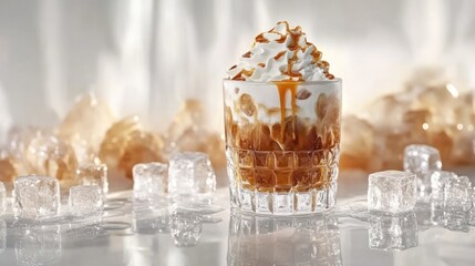 Delicious Iced Coffee with Caramel Drizzle, Whipped Cream, and Melting Ice Cubes
