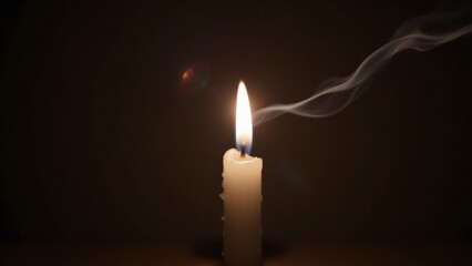 Candle flame glows in the dark, smoke trails wisping upwards