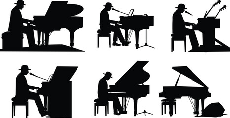 Silhouette, pianist, grand piano, upright piano, music performance, microphone, jazz, concert, musician, hat, stage, artistic, black, isolated, expressive, singing, instrumental, © Irin Akter