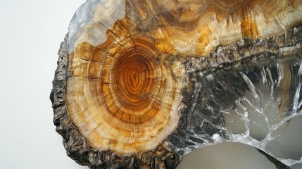 Close-up of a live edge tree trunk cross-section with intricate wood grain and growth rings, partially encased in clear, fractured resin, showcasing organic beauty and a natural, artistic design.