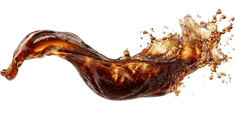 Dark brown soda splashing in a dynamic arc against a black background