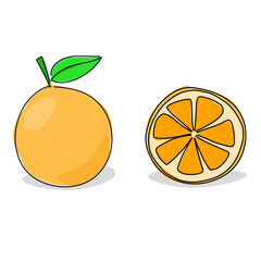 Flat vector illustration of a fresh orange fruit with green leaf, clean and simple design perfect for food, healthy, and organic graphics