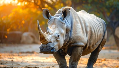 A majestic rhinoceros, bathed in golden sunlight, strides purposefully toward the viewer, showcasing its impressive horn. The background is blurred, with trees