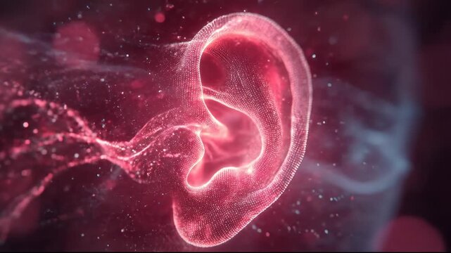 Animated human ear with glowing pink particle waves on a pink and blue gradient background, medical concept of hearing, sound perception, and auditory health video footage.