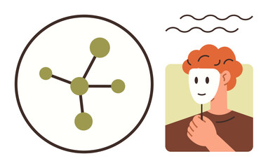 Molecular diagram with interlinked nodes next to person holding a mask over their face. Ideal for biology, psychology, identity, relationships, honesty, research, connectivity. Simple flat metaphor