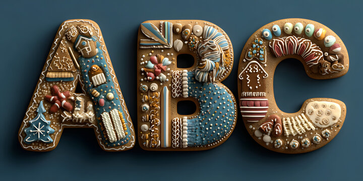 Set of alphabet holidays gingerbread cookies. Christmas abc letters font. Vector Illustration.