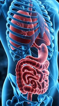 Human Torso Anatomy with Blue Skeleton Ribcage and Red Organs Isolated Against Dark Background for Medical Visualization and Education of Digestive and Respiratory System 3D Render