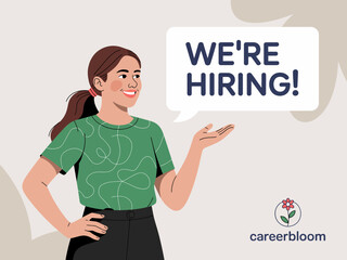 An inviting illustration of a woman happily announcing a job opening, creating a positive atmosphere for career growth and opportunities, showcasing modern professional branding.