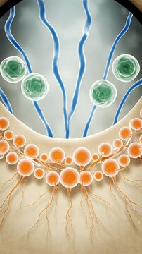 Medical Animation of Mast Cell Activation Depicting Immune Response on Beige Background with Floating Green and Orange Cells with Blue Veins, Emphasizing Cellular Mechanisms