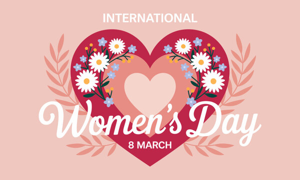 This illustration celebrates International Women's Day with vibrant hearts and flowers, highlighting themes of love, empowerment, and unity among women every March 8th.