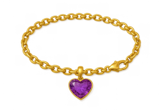 Gold chain bracelet with purple heart gemstone pendant, sparkling luxury jewelry, fashion accessory with gem and clasp