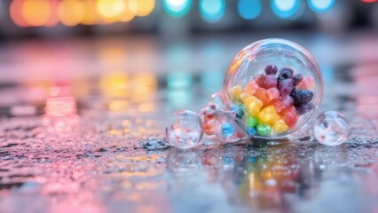 Colorful Jelly Beans Spill From Tipped Glass Bowl on Wet Surface